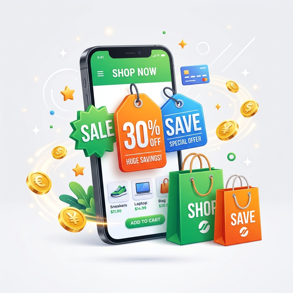 Smart digital shopping dashboard illustration showing coupon savings